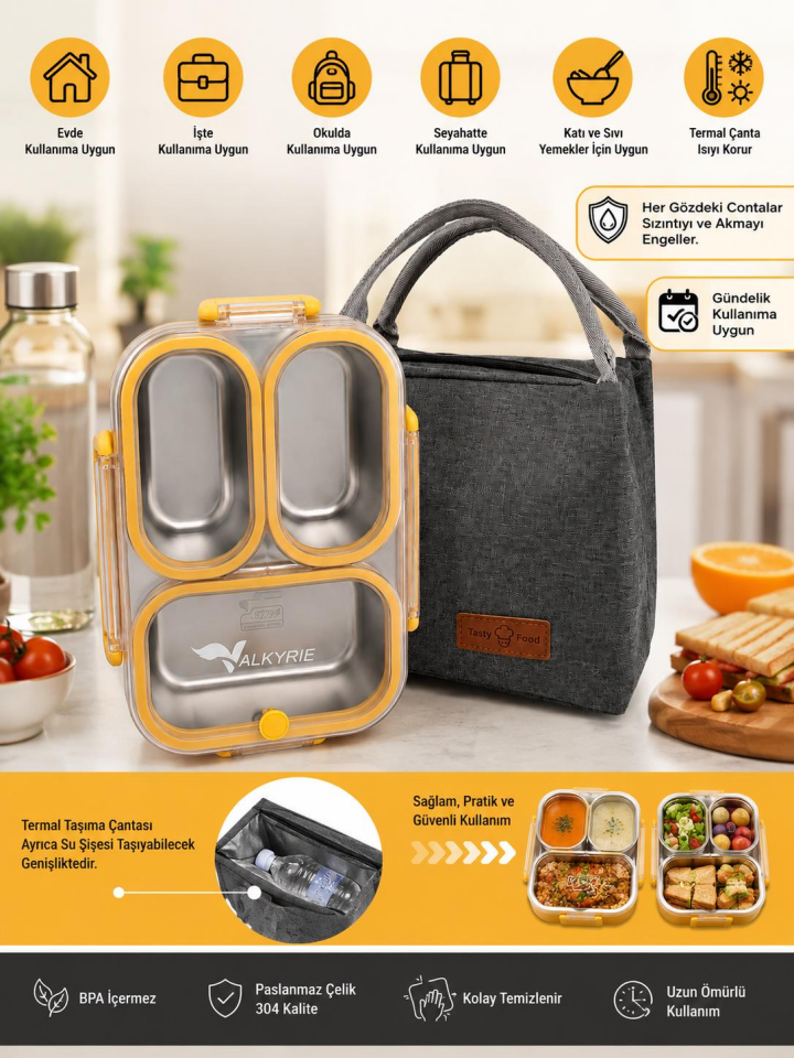 Valkyrie 304 Paslanmaz Çelik 3 Bölmeli Sarı  Lunch Box Termal Çantalı – Sızdırmaz Kapaklı Beslenme Kabı,