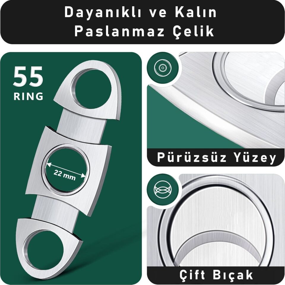 Valkyrie Premium Paslanmaz Çelik Puro Makası Kılıflı Çift Bıçaklı Puro Kesici Kahverengi Deri Kılıf