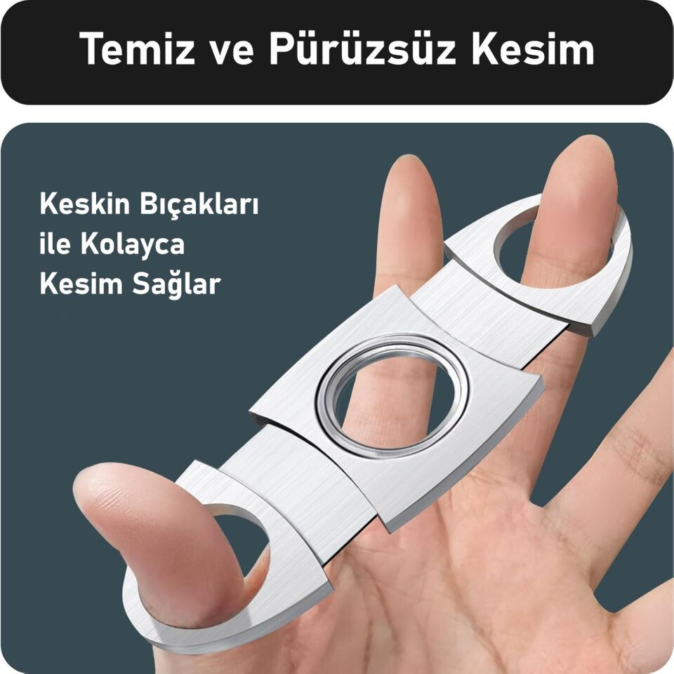 Valkyrie Premium Paslanmaz Çelik Puro Makası Kılıflı Çift Bıçaklı Puro Kesici Kahverengi Deri Kılıf