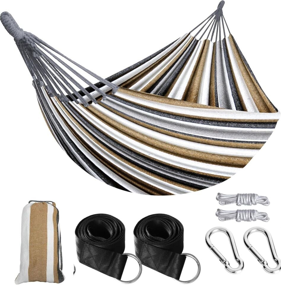 Valkyrie Çift Kişilik XL 260x150cm Kemerli Kolay Kurulabilir Kanvas Hamak Çantalı Kahve
