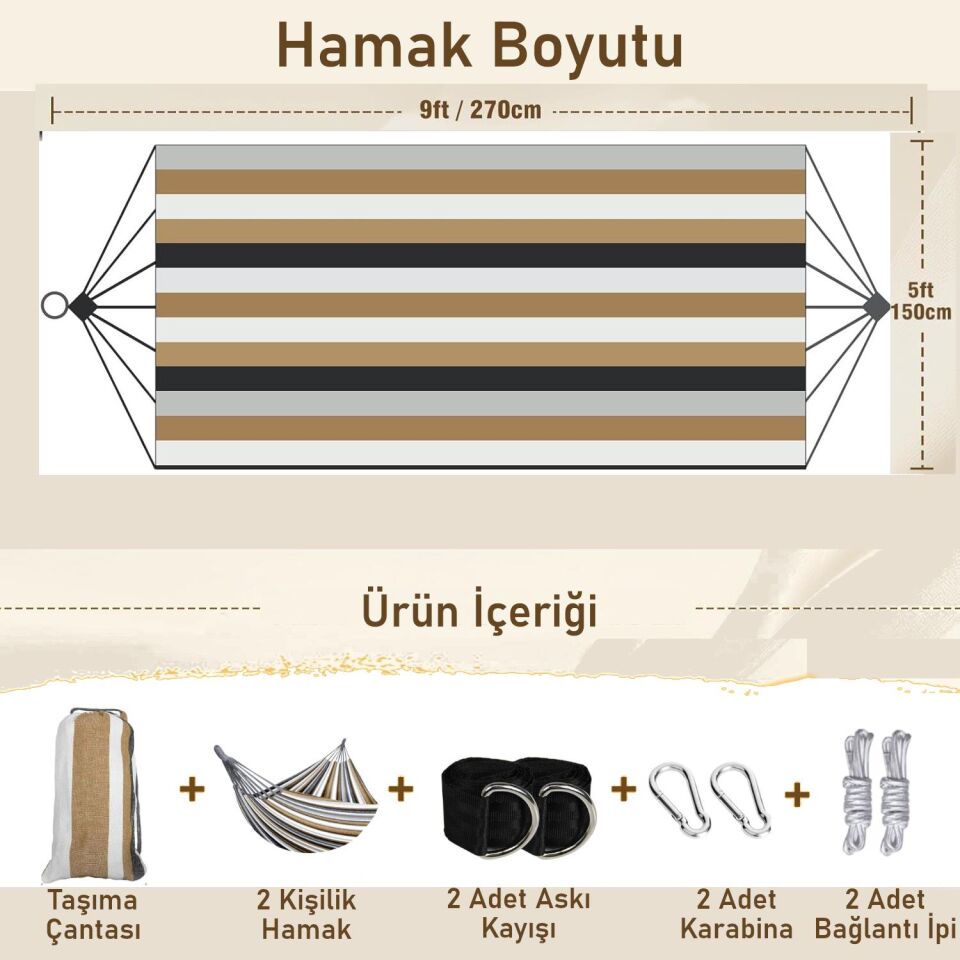 Valkyrie Çift Kişilik XL 260x150cm Kemerli Kolay Kurulabilir Kanvas Hamak Çantalı Kahve