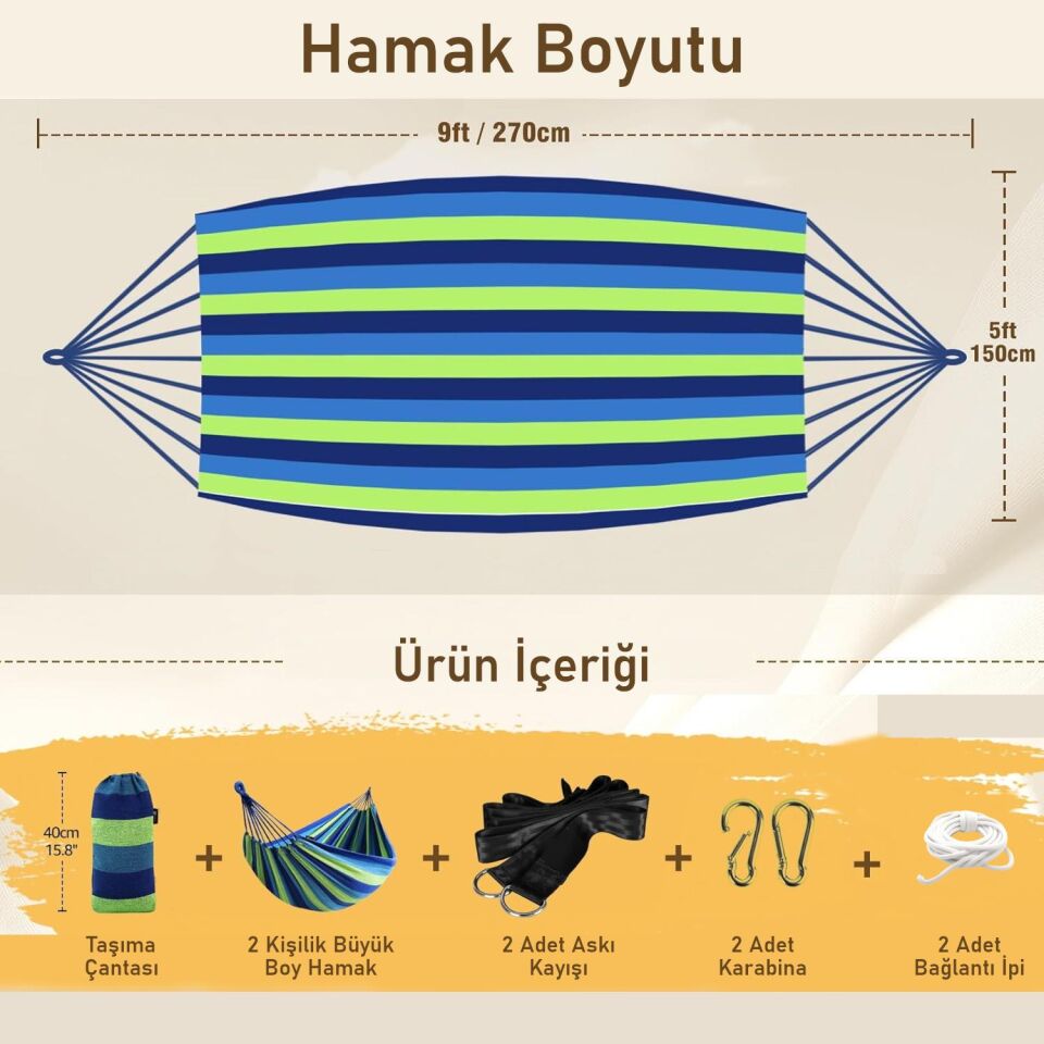 Valkyrie Çift Kişilik XL 260x150cm Kemerli Kolay Kurulabilir Kanvas Hamak Çantalı Mavi