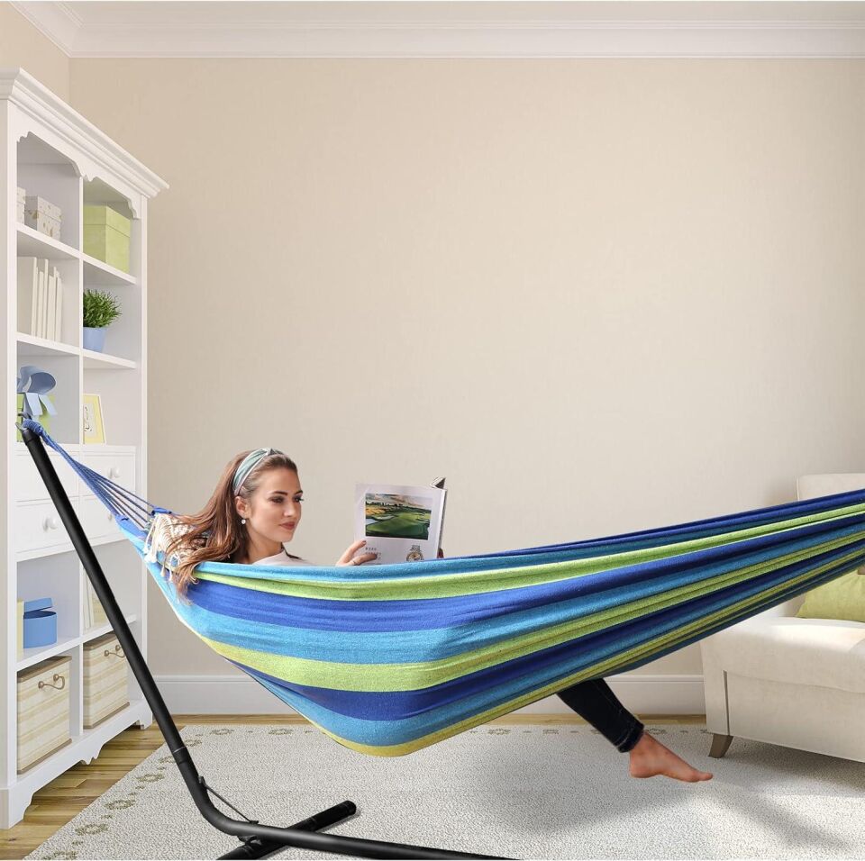 Valkyrie Çift Kişilik XL 260x150cm Kemerli Kolay Kurulabilir Kanvas Hamak Çantalı Mavi