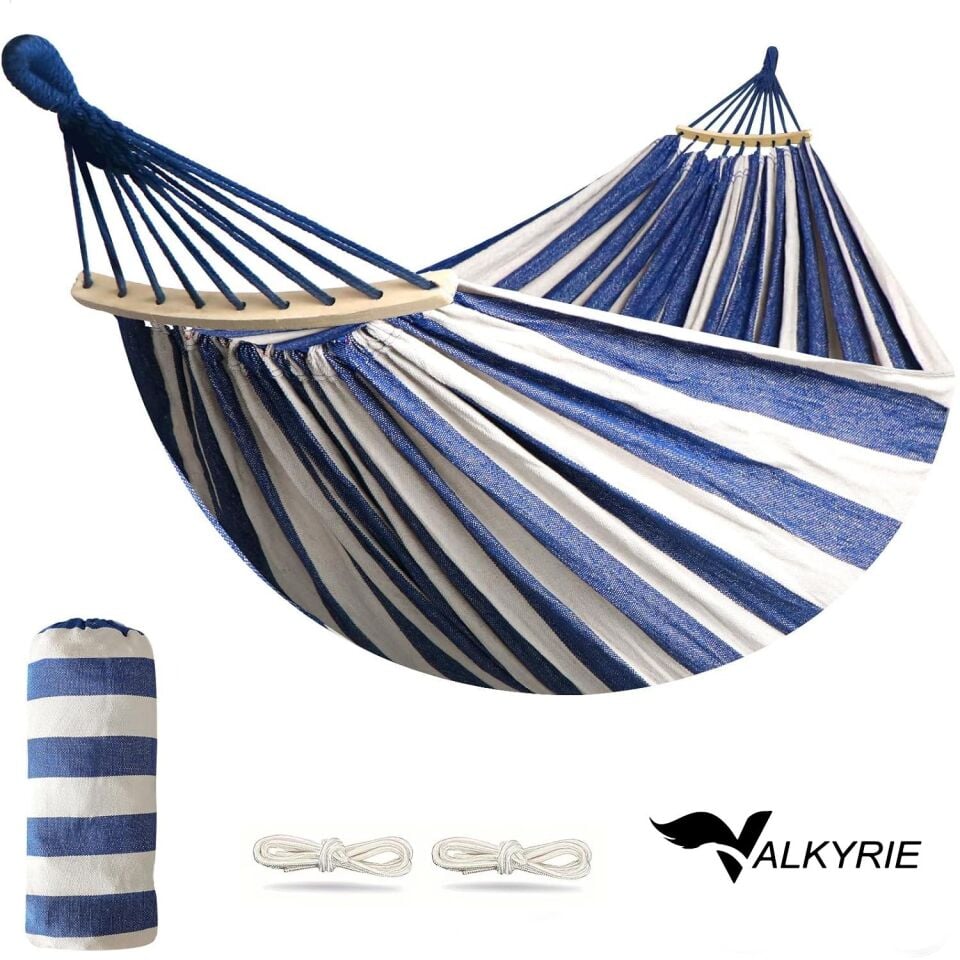 Valkyrie 2 Kişilik Renkli Kanvas Hamak 260x150 cm Taşıma Çantalı Ahşap Çubuklu Bahçe Kamp Hamağı Lacivert