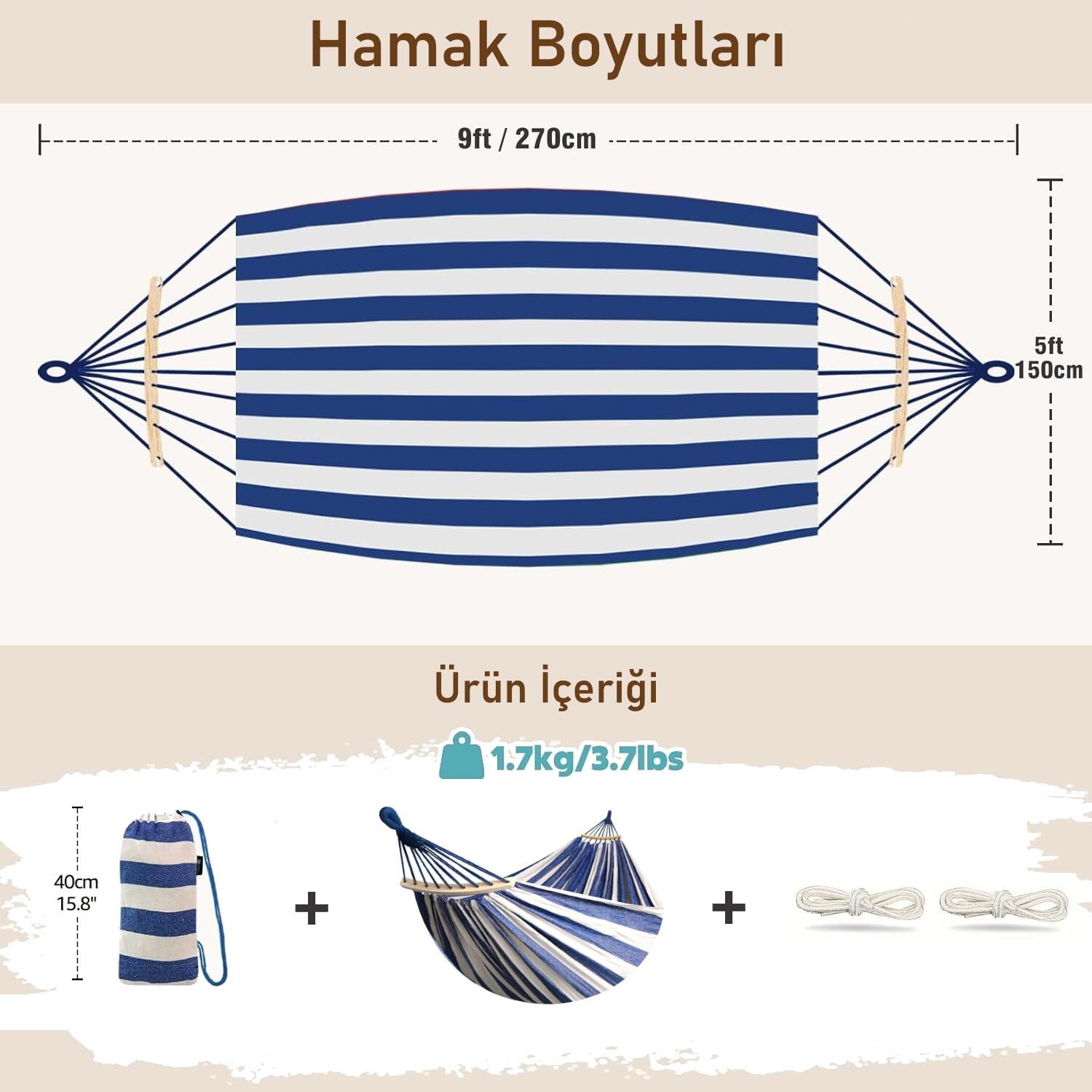 Valkyrie 2 Kişilik Renkli Kanvas Hamak 260x150 cm Taşıma Çantalı Ahşap Çubuklu Bahçe Kamp Hamağı Lacivert
