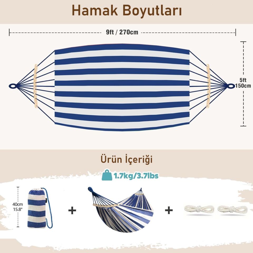 Valkyrie 2 Kişilik Renkli Kanvas Hamak 260x150 cm Taşıma Çantalı Ahşap Çubuklu Bahçe Kamp Hamağı Lacivert