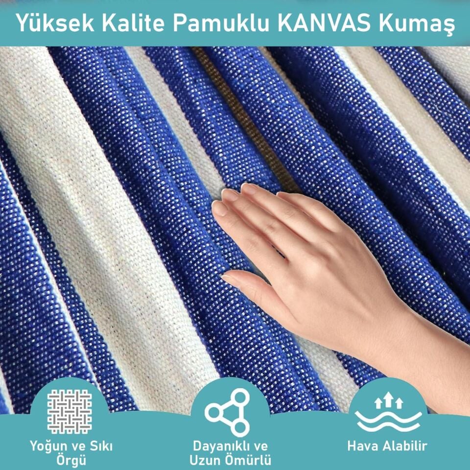 Valkyrie 2 Kişilik Renkli Kanvas Hamak 260x150 cm Taşıma Çantalı Ahşap Çubuklu Bahçe Kamp Hamağı Lacivert