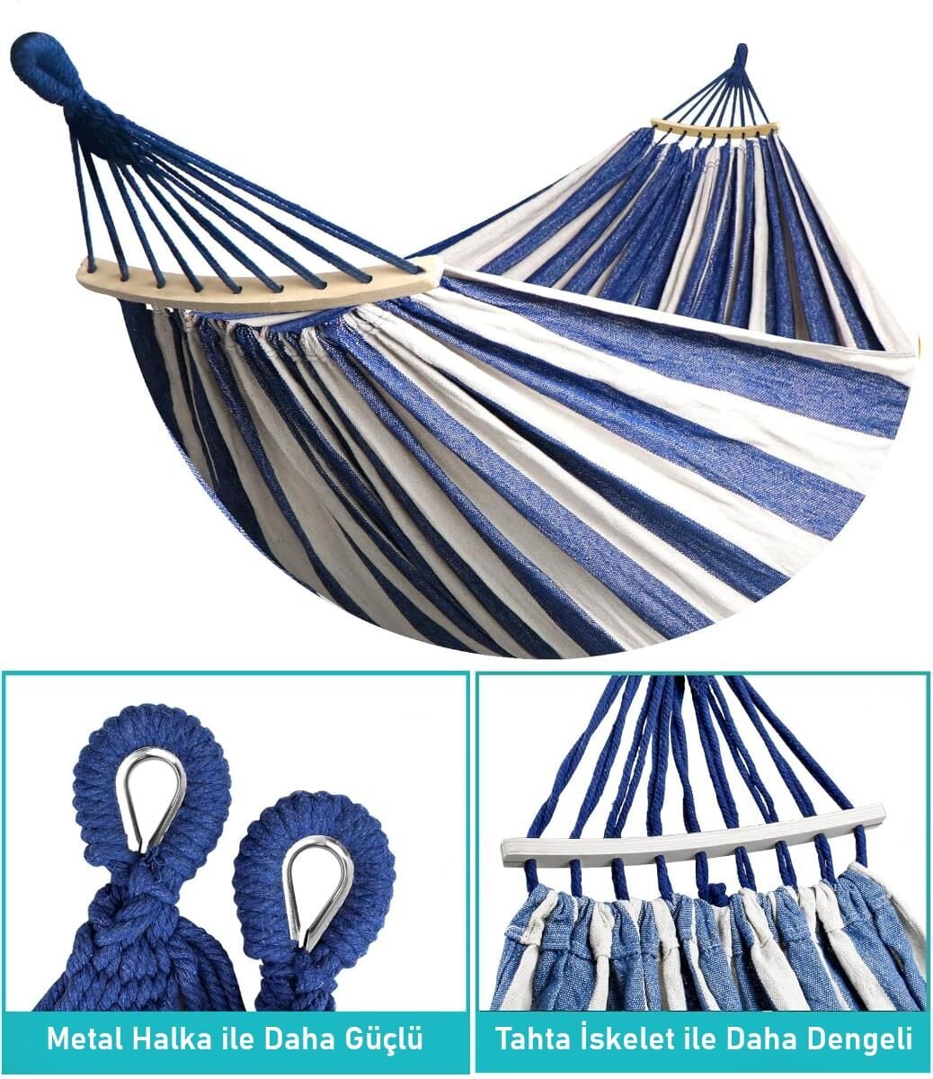 Valkyrie 2 Kişilik Renkli Kanvas Hamak 260x150 cm Taşıma Çantalı Ahşap Çubuklu Bahçe Kamp Hamağı Lacivert