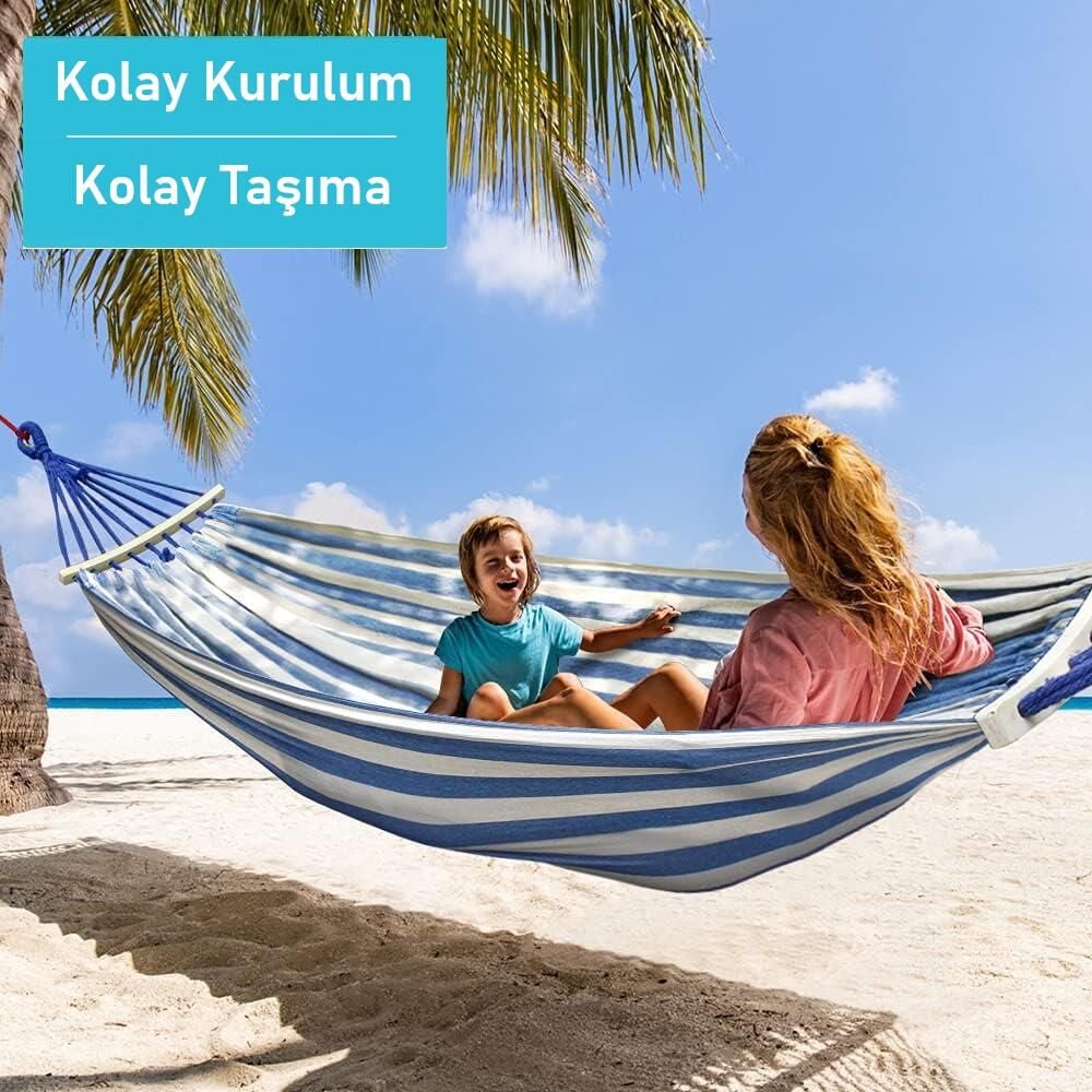 Valkyrie 2 Kişilik Renkli Kanvas Hamak 260x150 cm Taşıma Çantalı Ahşap Çubuklu Bahçe Kamp Hamağı Lacivert