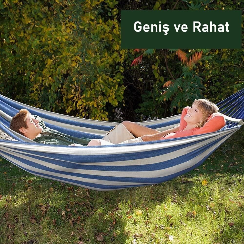 Valkyrie 2 Kişilik Renkli Kanvas Hamak 260x150 cm Taşıma Çantalı Ahşap Çubuklu Bahçe Kamp Hamağı Lacivert