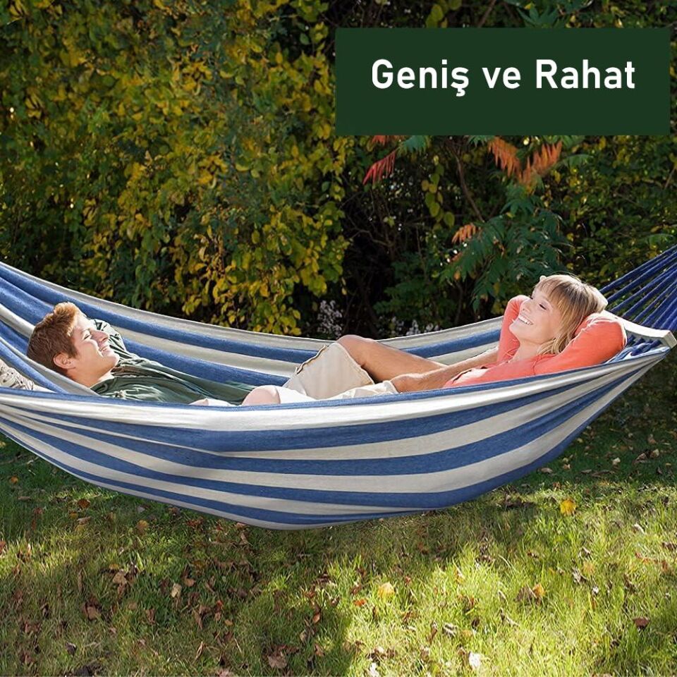 Valkyrie 2 Kişilik Renkli Kanvas Hamak 260x150 cm Taşıma Çantalı Ahşap Çubuklu Bahçe Kamp Hamağı Lacivert