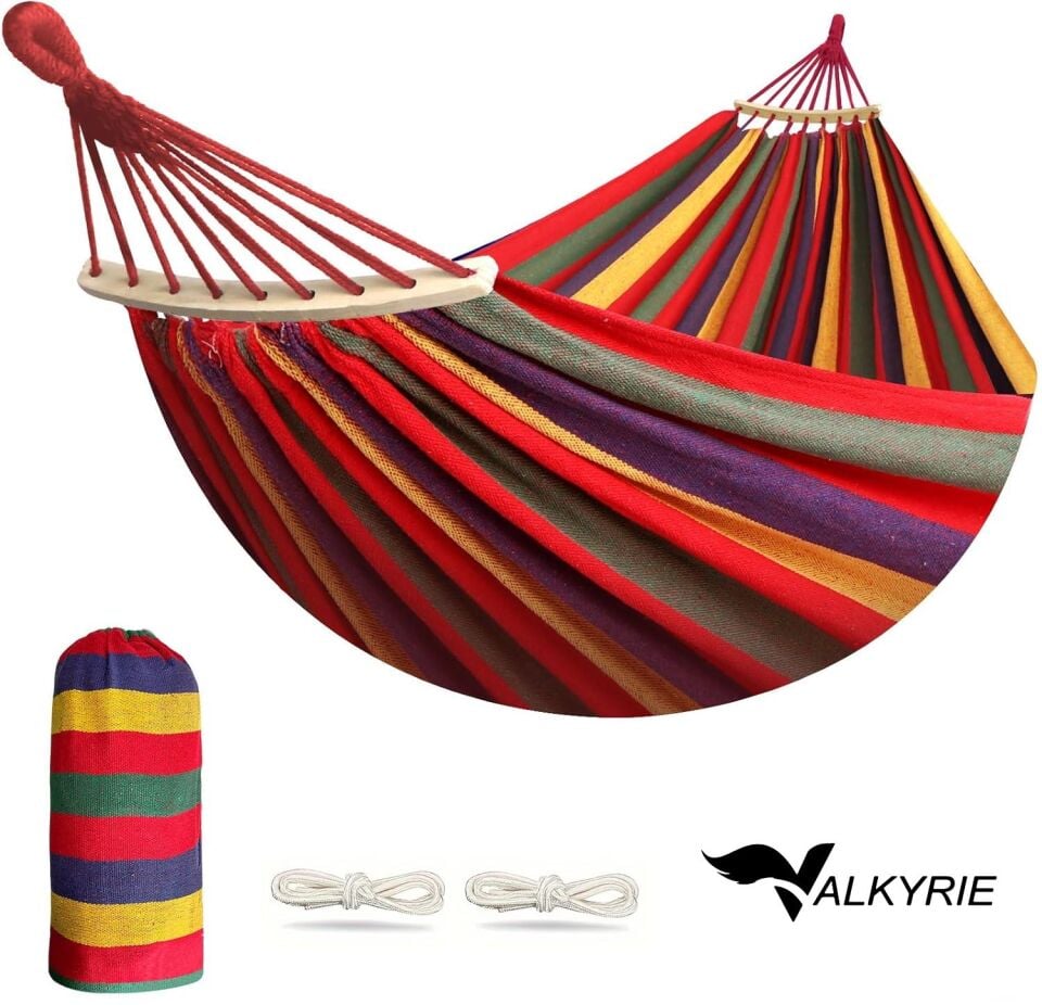 Valkyrie 2 Kişilik Renkli Kanvas Hamak 260x150 cm Taşıma Çantalı Ahşap Çubuklu Bahçe Kamp Hamağı Kırmızı