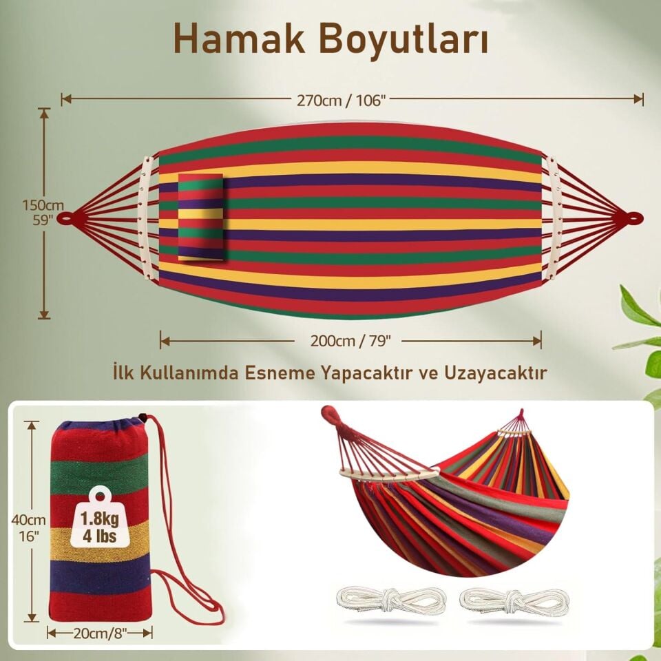 Valkyrie 2 Kişilik Renkli Kanvas Hamak 260x150 cm Taşıma Çantalı Ahşap Çubuklu Bahçe Kamp Hamağı Kırmızı