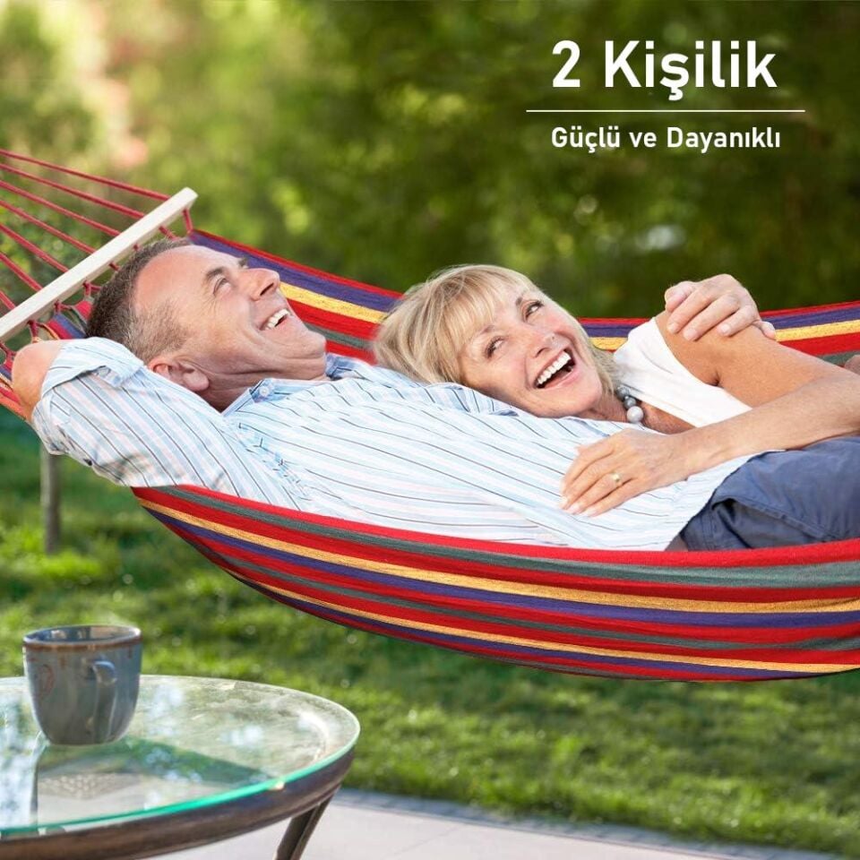 Valkyrie 2 Kişilik Renkli Kanvas Hamak 260x150 cm Taşıma Çantalı Ahşap Çubuklu Bahçe Kamp Hamağı Kırmızı