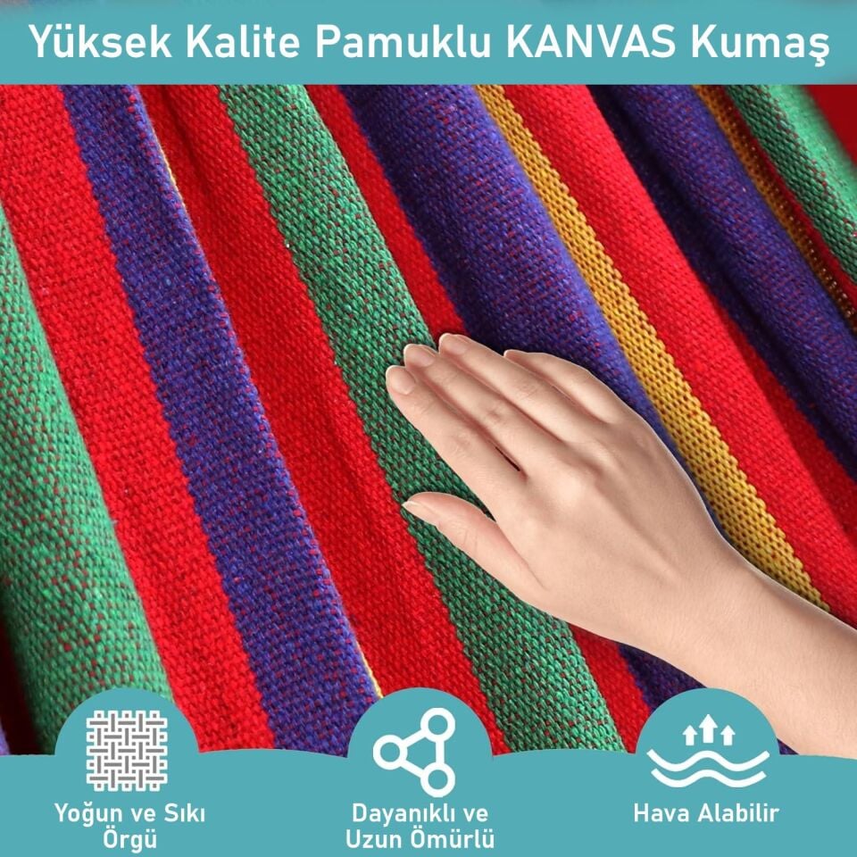 Valkyrie 2 Kişilik Renkli Kanvas Hamak 260x150 cm Taşıma Çantalı Ahşap Çubuklu Bahçe Kamp Hamağı Kırmızı