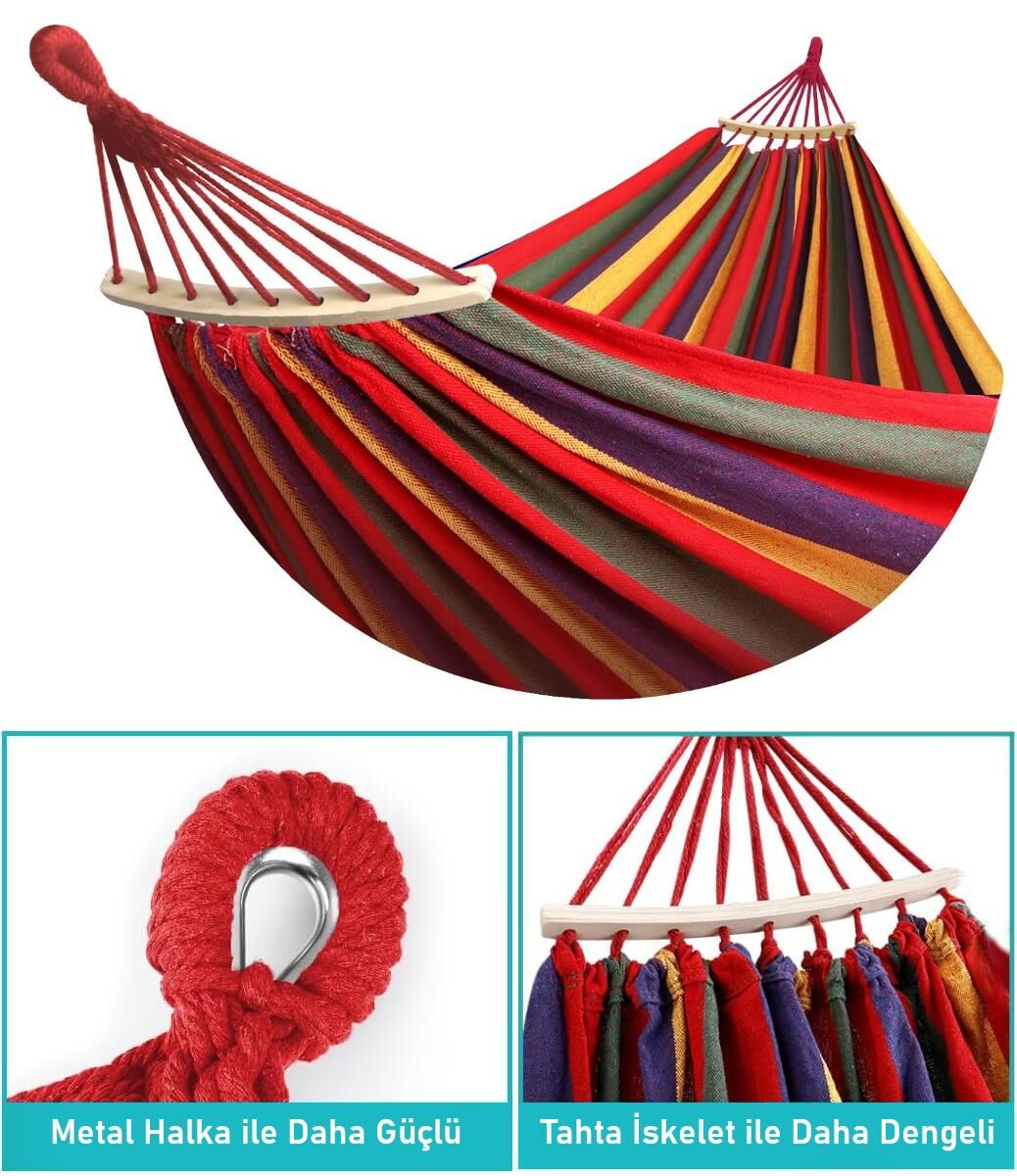 Valkyrie 2 Kişilik Renkli Kanvas Hamak 260x150 cm Taşıma Çantalı Ahşap Çubuklu Bahçe Kamp Hamağı Kırmızı