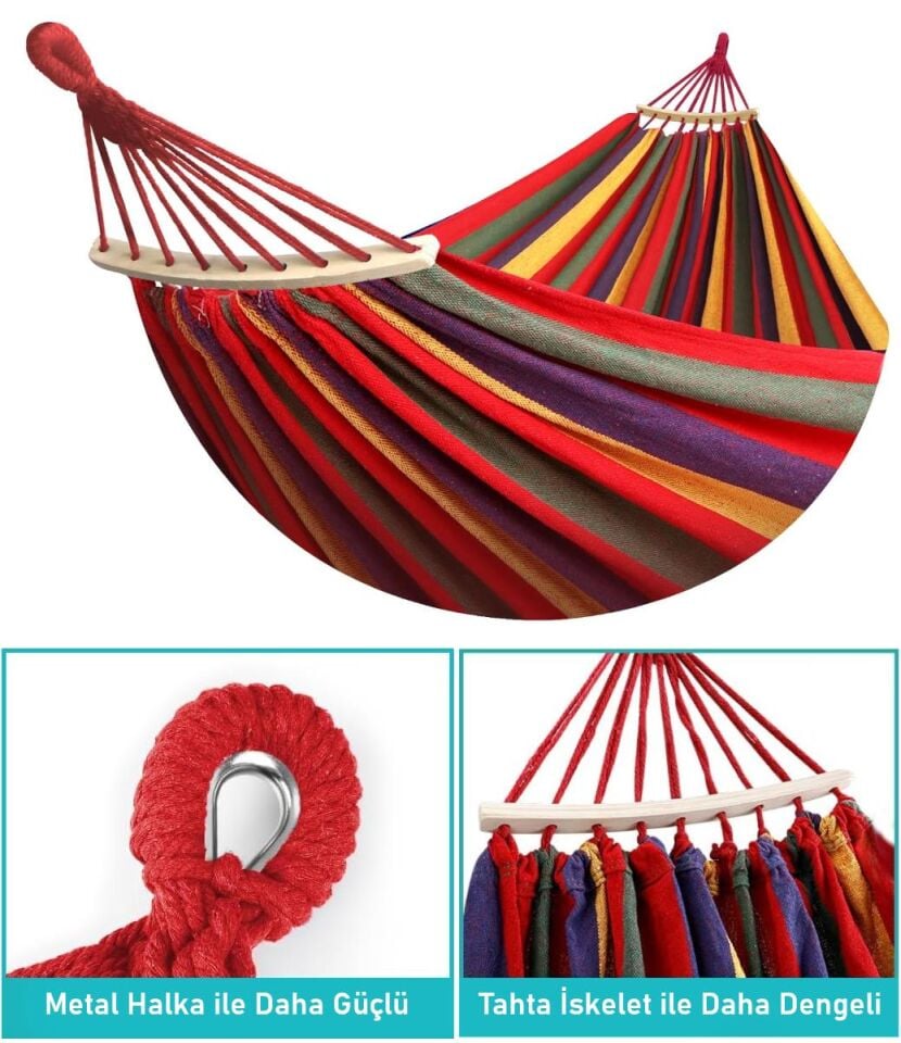 Valkyrie 2 Kişilik Renkli Kanvas Hamak 260x150 cm Taşıma Çantalı Ahşap Çubuklu Bahçe Kamp Hamağı Kırmızı
