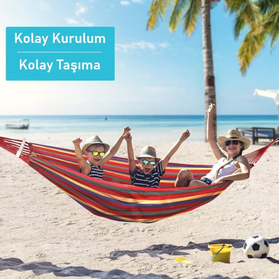 Valkyrie 2 Kişilik Renkli Kanvas Hamak 260x150 cm Taşıma Çantalı Ahşap Çubuklu Bahçe Kamp Hamağı Kırmızı