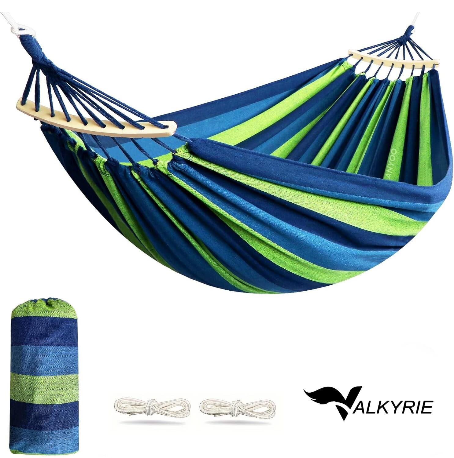 Valkyrie 2 Kişilik Renkli Kanvas Hamak 260x150 cm Taşıma Çantalı Ahşap Çubuklu Bahçe Kamp Hamağı Yeşil