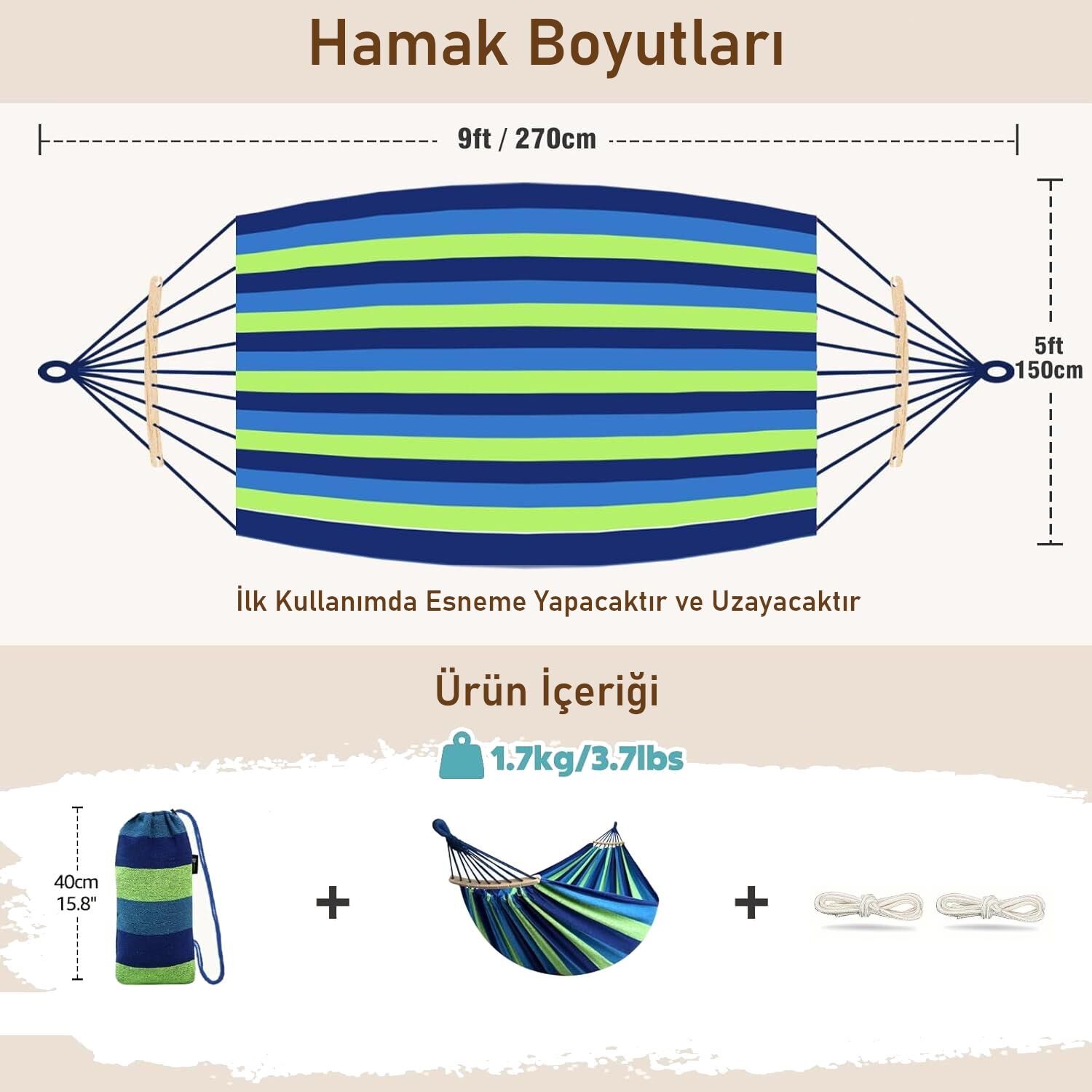 Valkyrie 2 Kişilik Renkli Kanvas Hamak 260x150 cm Taşıma Çantalı Ahşap Çubuklu Bahçe Kamp Hamağı Yeşil