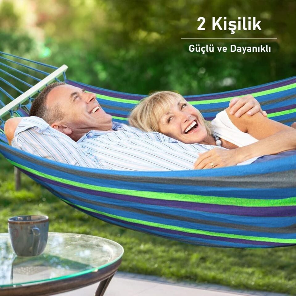 Valkyrie 2 Kişilik Renkli Kanvas Hamak 260x150 cm Taşıma Çantalı Ahşap Çubuklu Bahçe Kamp Hamağı Yeşil