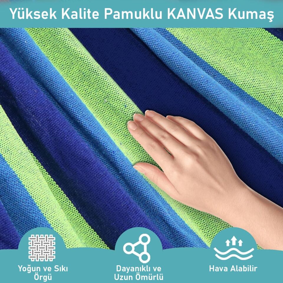Valkyrie 2 Kişilik Renkli Kanvas Hamak 260x150 cm Taşıma Çantalı Ahşap Çubuklu Bahçe Kamp Hamağı Yeşil