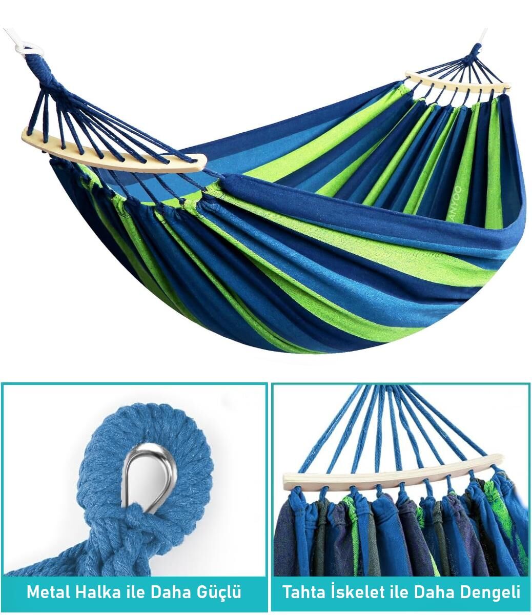 Valkyrie 2 Kişilik Renkli Kanvas Hamak 260x150 cm Taşıma Çantalı Ahşap Çubuklu Bahçe Kamp Hamağı Yeşil