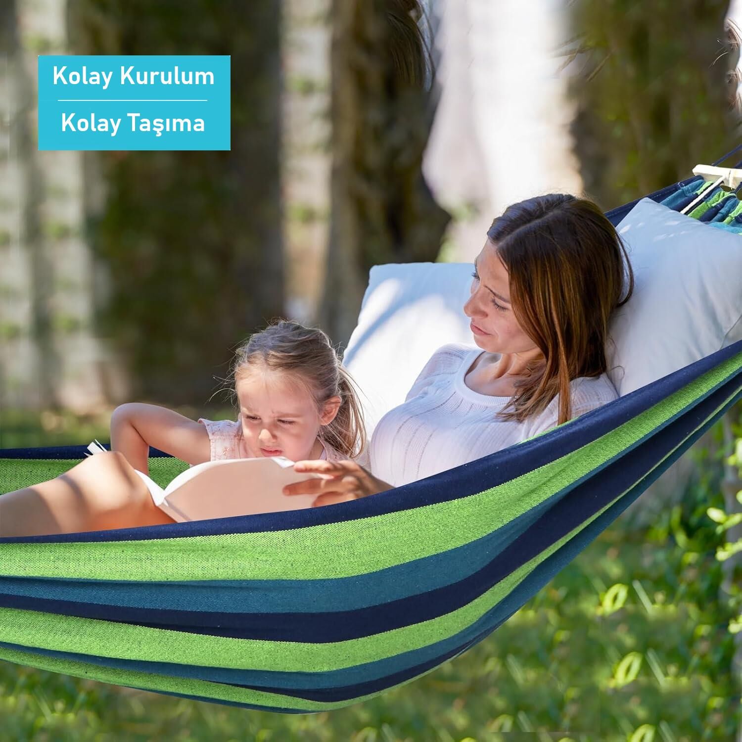 Valkyrie 2 Kişilik Renkli Kanvas Hamak 260x150 cm Taşıma Çantalı Ahşap Çubuklu Bahçe Kamp Hamağı Yeşil