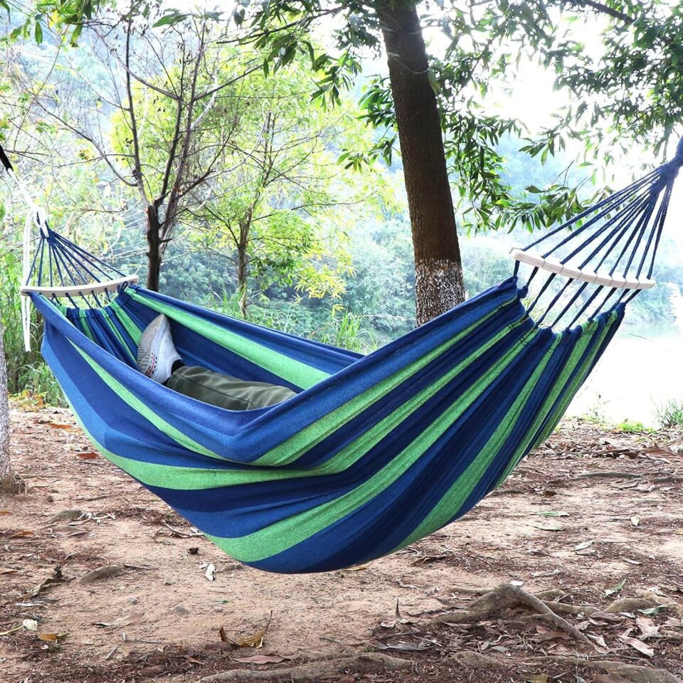 Valkyrie 2 Kişilik Renkli Kanvas Hamak 260x150 cm Taşıma Çantalı Ahşap Çubuklu Bahçe Kamp Hamağı Yeşil