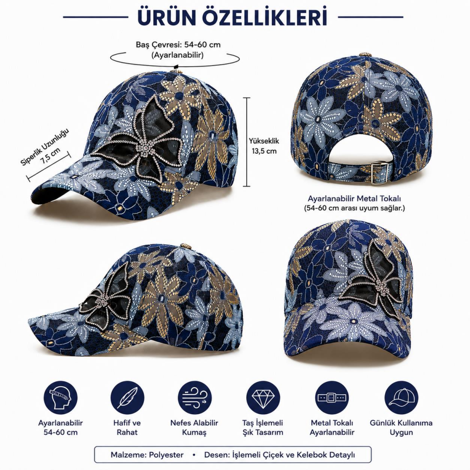 Valkyrie Kadın Lacivert Dantel Desenli Kelebek Taşlı Çiçek Aplikeli Şapka Ayarlanabilir Şapka