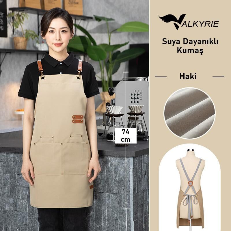 Valkyrie Suya Dayanıklı Barista Önlüğü Haki Ayarlanabilir Askılı Cepli Mutfak Kafe Garson Önlüğü Haki 74 cm