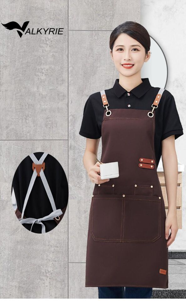 Valkyrie Suya Dayanıklı Barista Önlüğü Ayarlanabilir Askılı Cepli Mutfak Kafe Garson Önlüğü Kahverengi 74 cm
