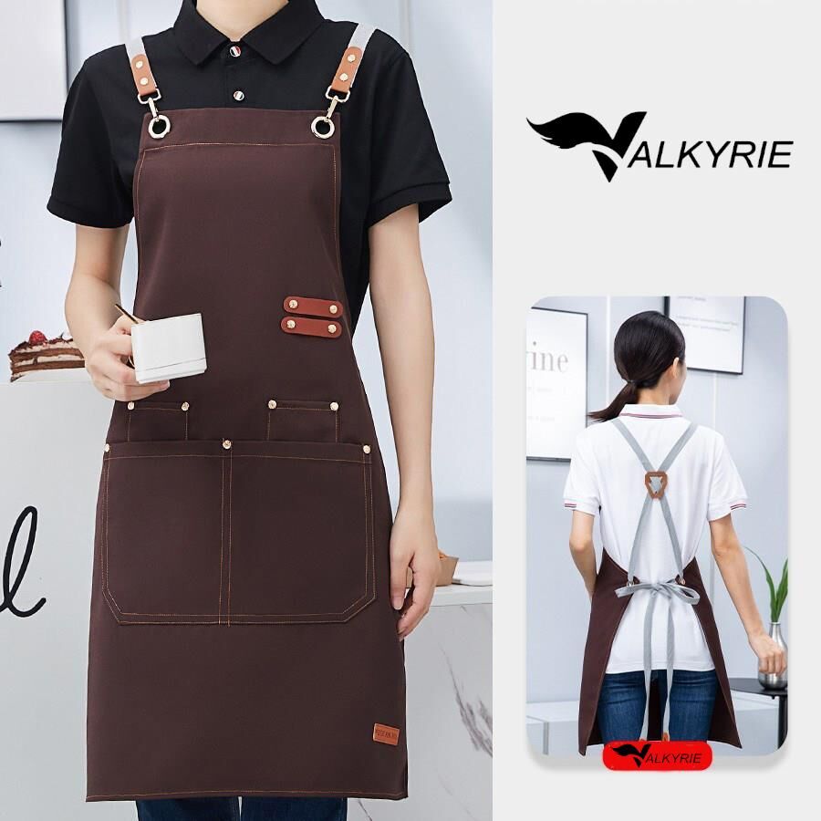 Valkyrie Suya Dayanıklı Barista Önlüğü Ayarlanabilir Askılı Cepli Mutfak Kafe Garson Önlüğü Kahverengi 74 cm