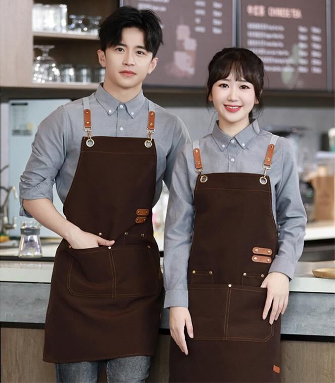 Valkyrie Suya Dayanıklı Barista Önlüğü Ayarlanabilir Askılı Cepli Mutfak Kafe Garson Önlüğü Kahverengi 74 cm