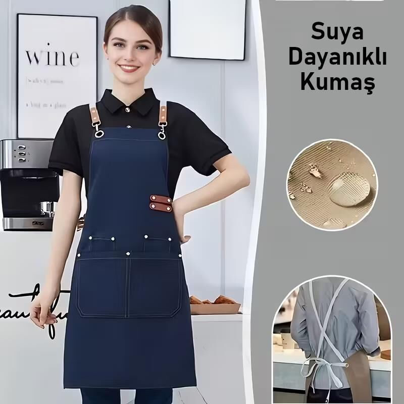 Valkyrie Suya Dayanıklı Barista Önlüğü Ayarlanabilir Askılı Cepli Mutfak Kafe Garson Önlüğü Lacivert 74 cm
