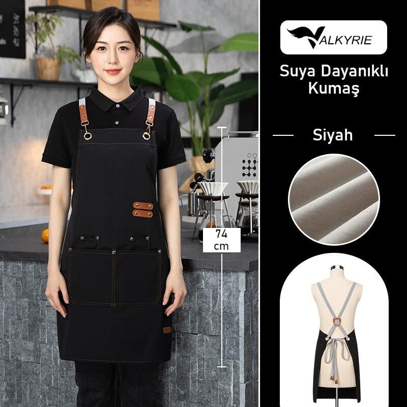 Valkyrie Suya Dayanıklı Barista Önlüğü Ayarlanabilir Askılı Cepli Mutfak Kafe Garson Önlüğü Siyah 74 cm