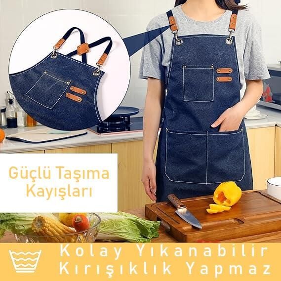 Valkyrie Unisex Kanvas Mutfak Önlüğü Ayarlanabilir Askılı Cepli Barista Garson Servis Önlüğü Lacivert