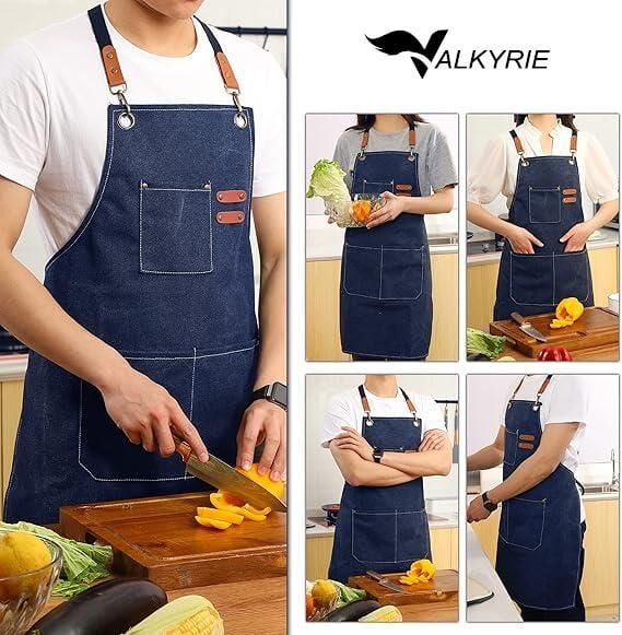 Valkyrie Unisex Kanvas Mutfak Önlüğü Ayarlanabilir Askılı Cepli Barista Garson Servis Önlüğü Lacivert