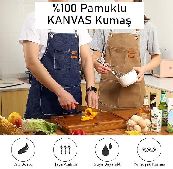 Valkyrie Unisex Kanvas Mutfak Önlüğü Ayarlanabilir Askılı Cepli Barista Garson Servis Önlüğü Lacivert