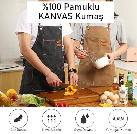 Valkyrie Unisex Kanvas Mutfak Önlüğü Ayarlanabilir Askılı Cepli Barista Garson Servis Önlüğü Siyah