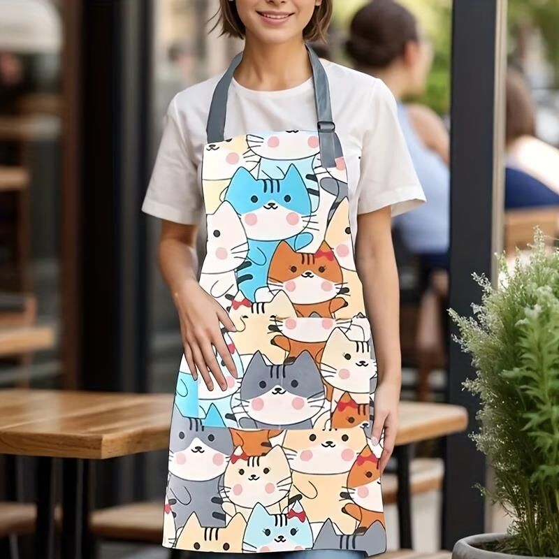 Valkyrie Kedi Desenli Cepli Mutfak Önlüğü Ayarlanabilir Askılı Kadın Mutfak Temizlik Servis Önlüğü Mavi