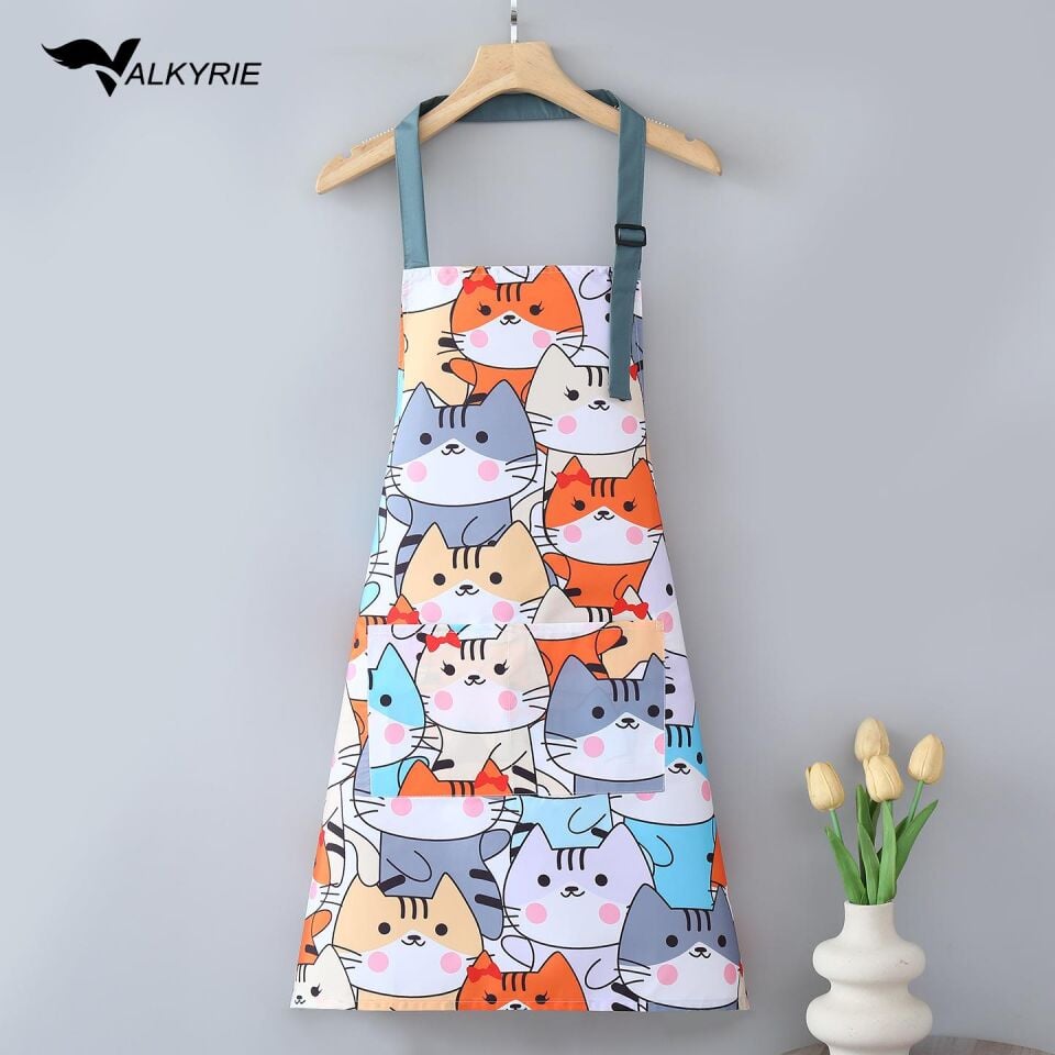 Valkyrie Kedi Desenli Cepli Mutfak Önlüğü Ayarlanabilir Askılı Kadın Mutfak Temizlik Servis Önlüğü Mavi