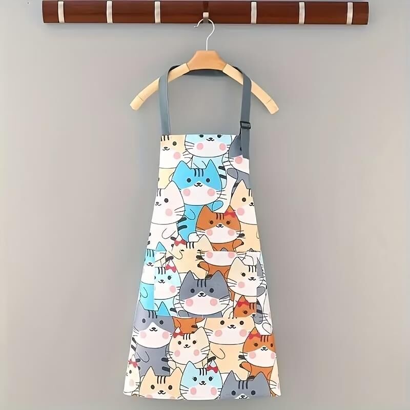 Valkyrie Kedi Desenli Cepli Mutfak Önlüğü Ayarlanabilir Askılı Kadın Mutfak Temizlik Servis Önlüğü Mavi