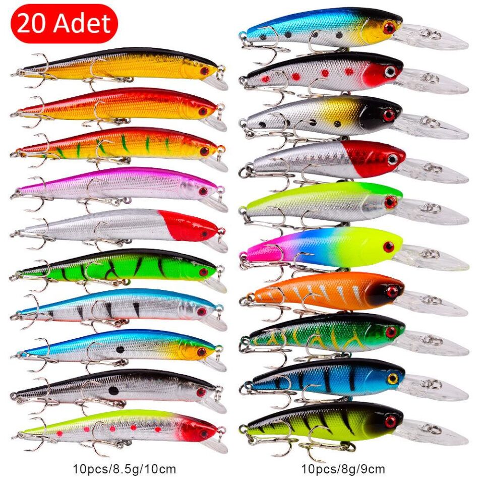 Valkyrie 20 Adet Karışık Minnow Crankbait Swimbait Rapala Sahte Yem Olta Seti Balık İğnesi
