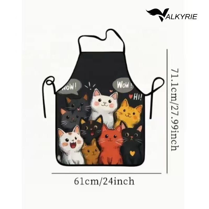 Valkyrie Kedi Desenli Mutfak Önlüğü Cepli Ayarlanabilir Askılı Unisex Mutfak Temizlik Önlüğü Siyah