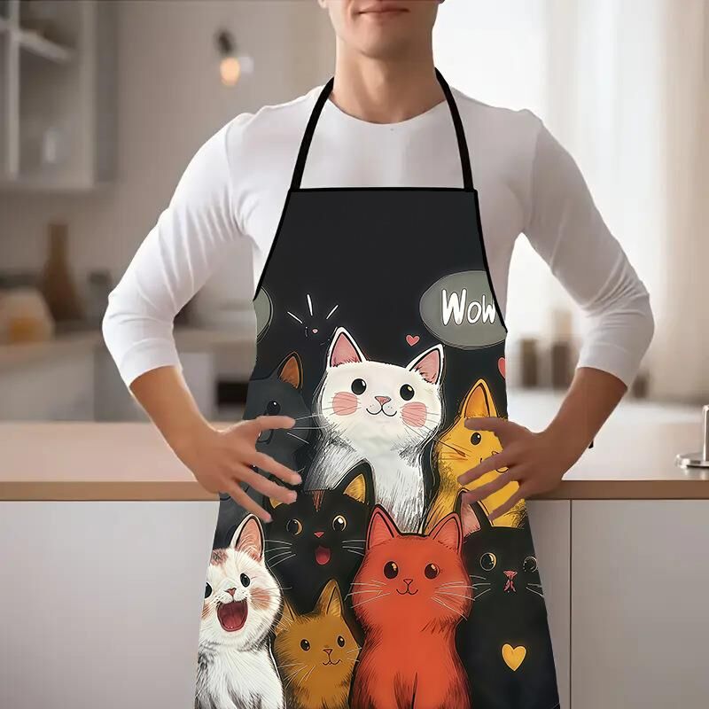 Valkyrie Kedi Desenli Mutfak Önlüğü Cepli Ayarlanabilir Askılı Unisex Mutfak Temizlik Önlüğü Siyah
