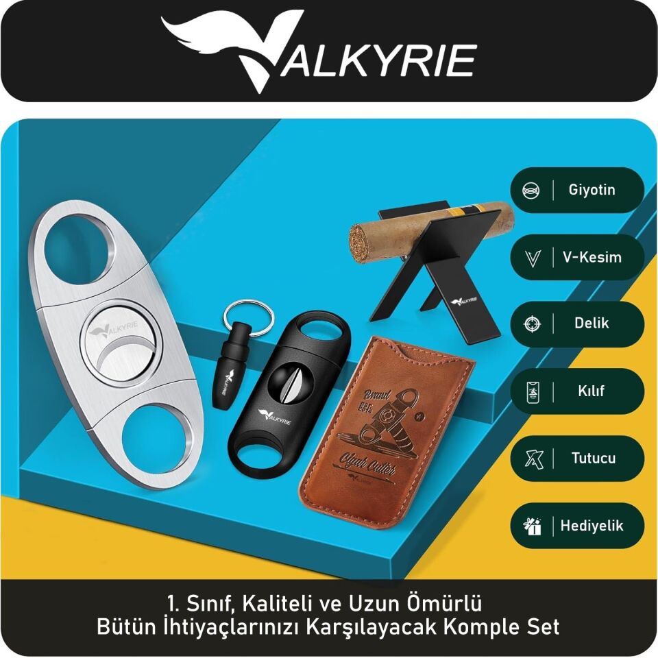 Valkyrie Premium Puro Aksesuar Seti Puro Makası V Kesim Delik Açıcı Puro Tutucu Kılıflı Komple Set