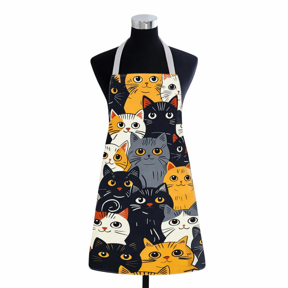 Valkyrie Kedi Desenli Mutfak Önlüğü Cepli Ayarlanabilir Askılı Unisex Mutfak Pişirme Servis Temizlik Önlüğü