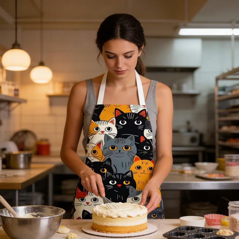 Valkyrie Kedi Desenli Mutfak Önlüğü Cepli Ayarlanabilir Askılı Unisex Mutfak Pişirme Servis Temizlik Önlüğü
