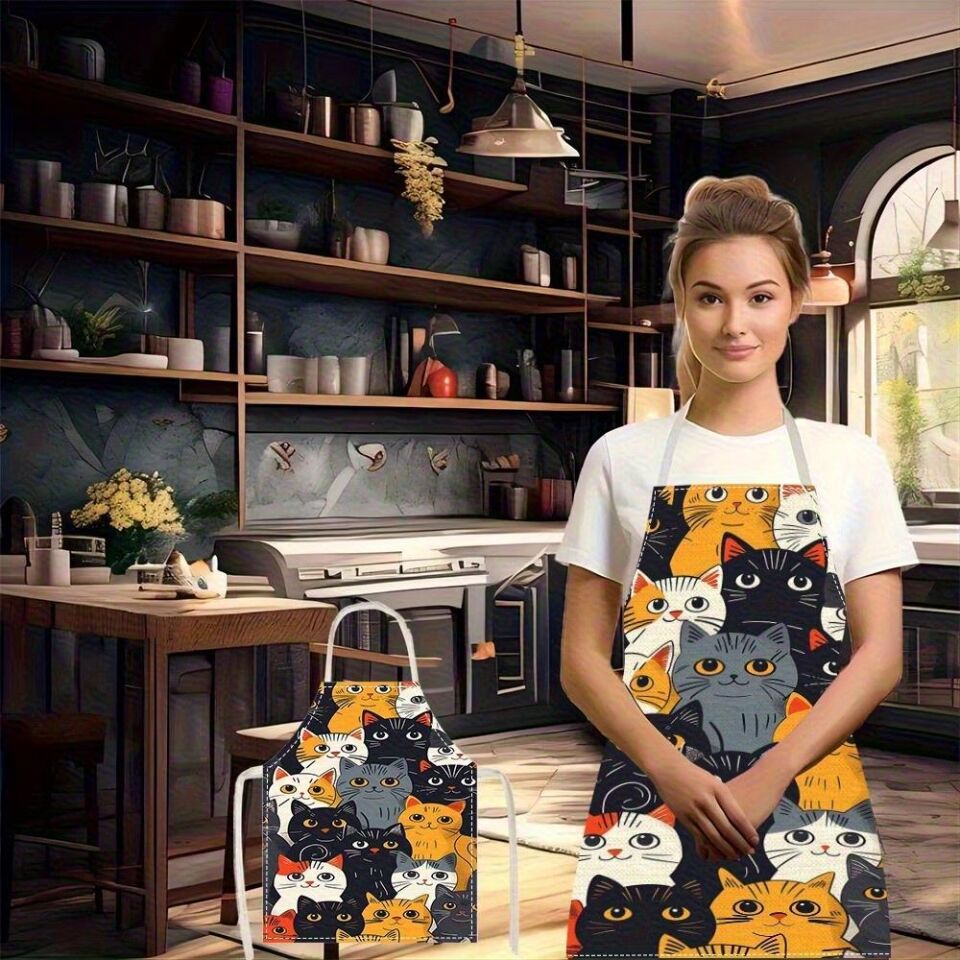 Valkyrie Kedi Desenli Mutfak Önlüğü Cepli Ayarlanabilir Askılı Unisex Mutfak Pişirme Servis Temizlik Önlüğü